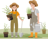 Vektor mit einer Frau und einem Mann in Gartenkleidung und Gummistiefeln. Beide halten einen Topf mit einer Pflanze im Arm und eine Gießkanne oder eine Schaufel.