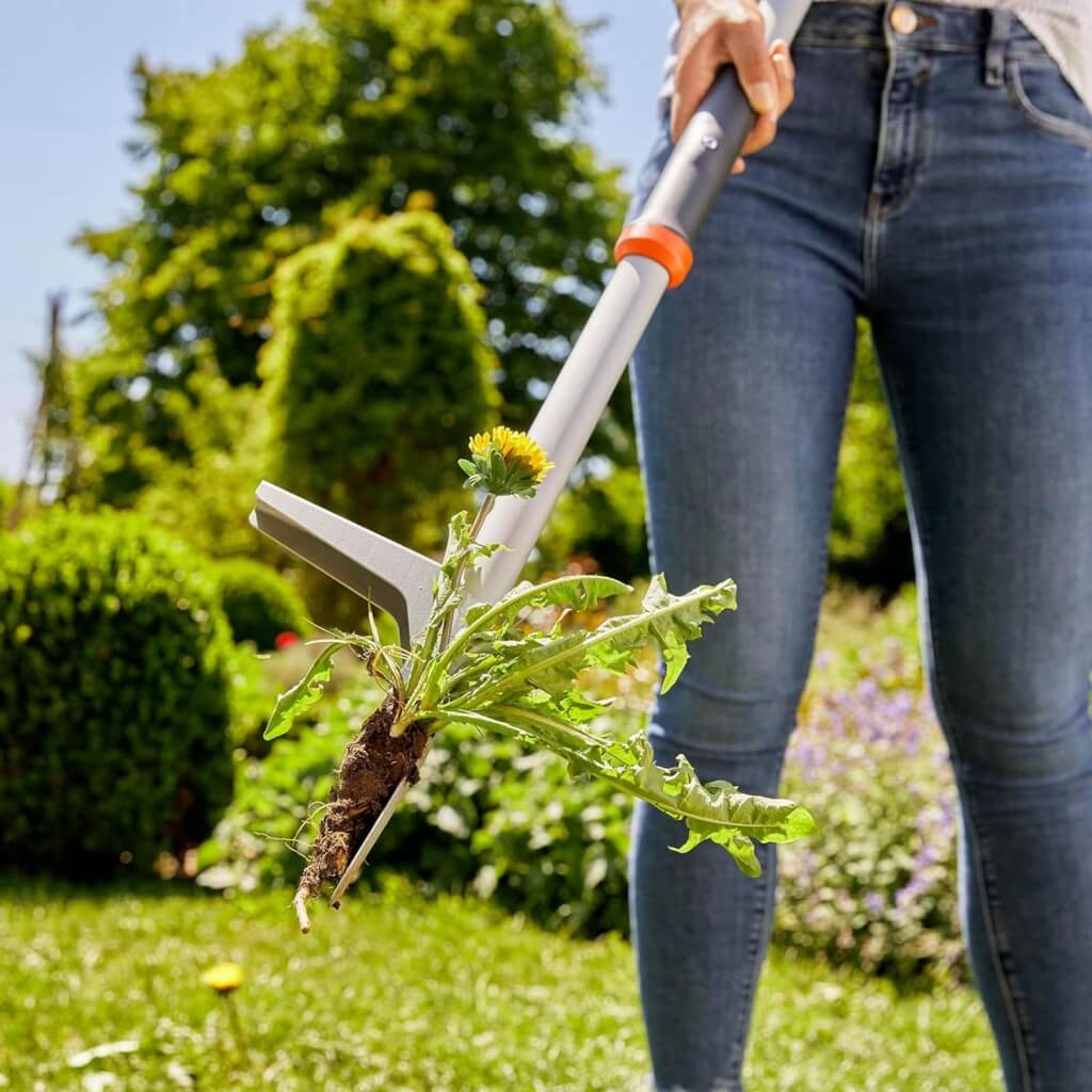 Eine Frau hat mit dem Unkrautstecher von Gardena einen Löwenzahn aus dem Boden gezogen.