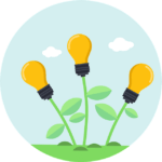 Drei Glühbirnen wachsen aus grünen Pflanzen, symbolisieren kreative Gartenideen.