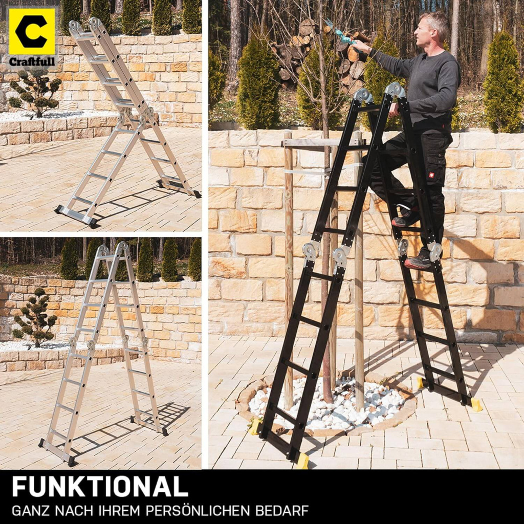 Ein Mann steht auf der CRAFTFULL Gartenleiter und schneidet an einer Baumkrone